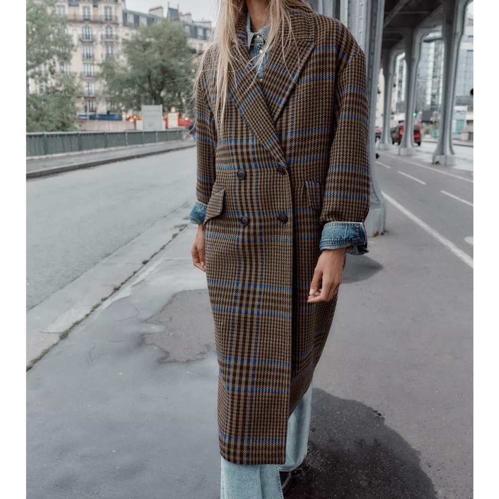Zara Oversized Plaid Blue and Brown Check Coat - Picture 7 of 7